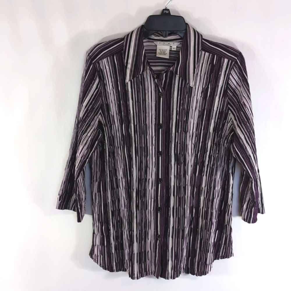 Como Stretch Crinkle Material Purple Stripe Shirt Blouse Size Medium